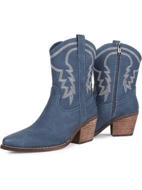 Women's Navy Blue Western Cowgirl Ankle Boot with Embroidered Comfy Wide Calf